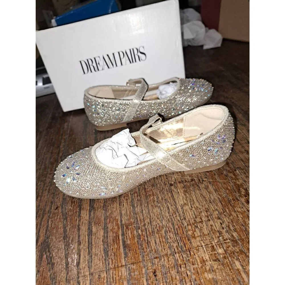 Girls Size 8 Dream Pairs Gold Glitter Embellished Angel Mary Jane Dress Shoes
